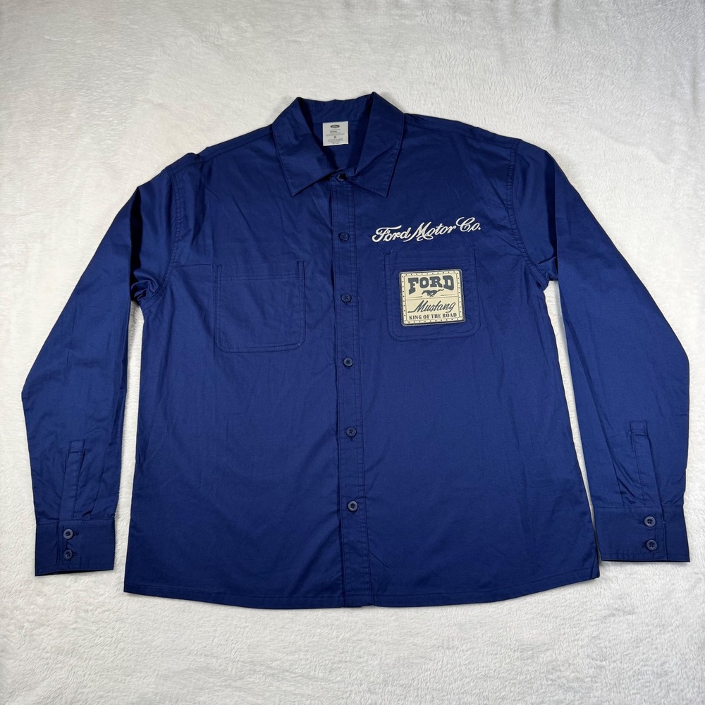 Ford Mustang Work Shirt Mens Small Navy Blue King of the Road Button Up